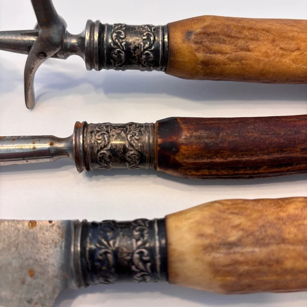 Antique Vintage Antler Handle Handle Carving Set w/ Silver Plated Ferrules Rare - Picture 10 of 14